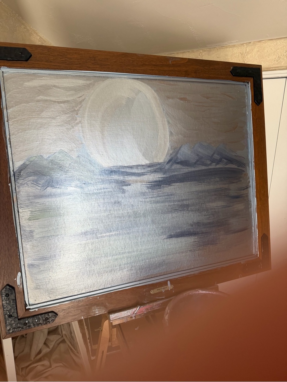 Hand-Painted Ocean Moonlight Wall Art in Blue and Gray